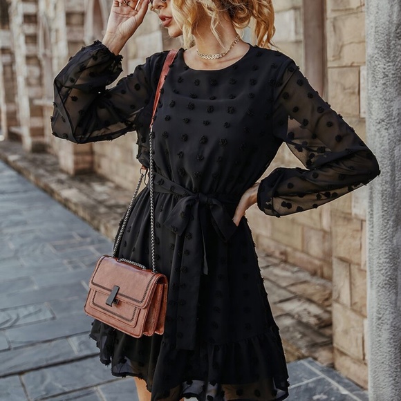 Bellanblue Dresses & Skirts - ruffle hem swiss dot waist tie sheer sleeve dress